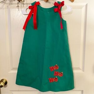 Green Christmas Dress with Red Bows and Ho Ho Ho Embroidery